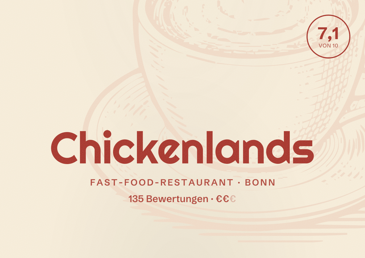 Illustriertes Poster von Chickenlands, Fast-Food-Restaurant in Bonn: Bewertung 7,1 von 10 aus 135 Bewertungen, Preisniveau €€