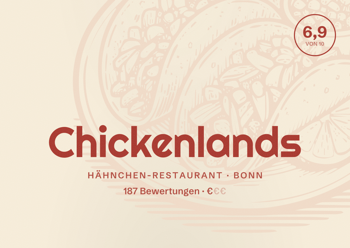 Illustriertes Poster von Chickenlands, Hähnchen-Restaurant in Bonn: Bewertung 6,9 von 10 aus 187 Bewertungen, Preisniveau €