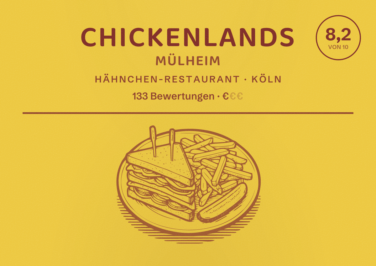 Illustriertes Poster von Chickenlands Mülheim, Hähnchen-Restaurant in Köln: Bewertung 8,2 von 10 aus 133 Bewertungen, Preisniveau €
