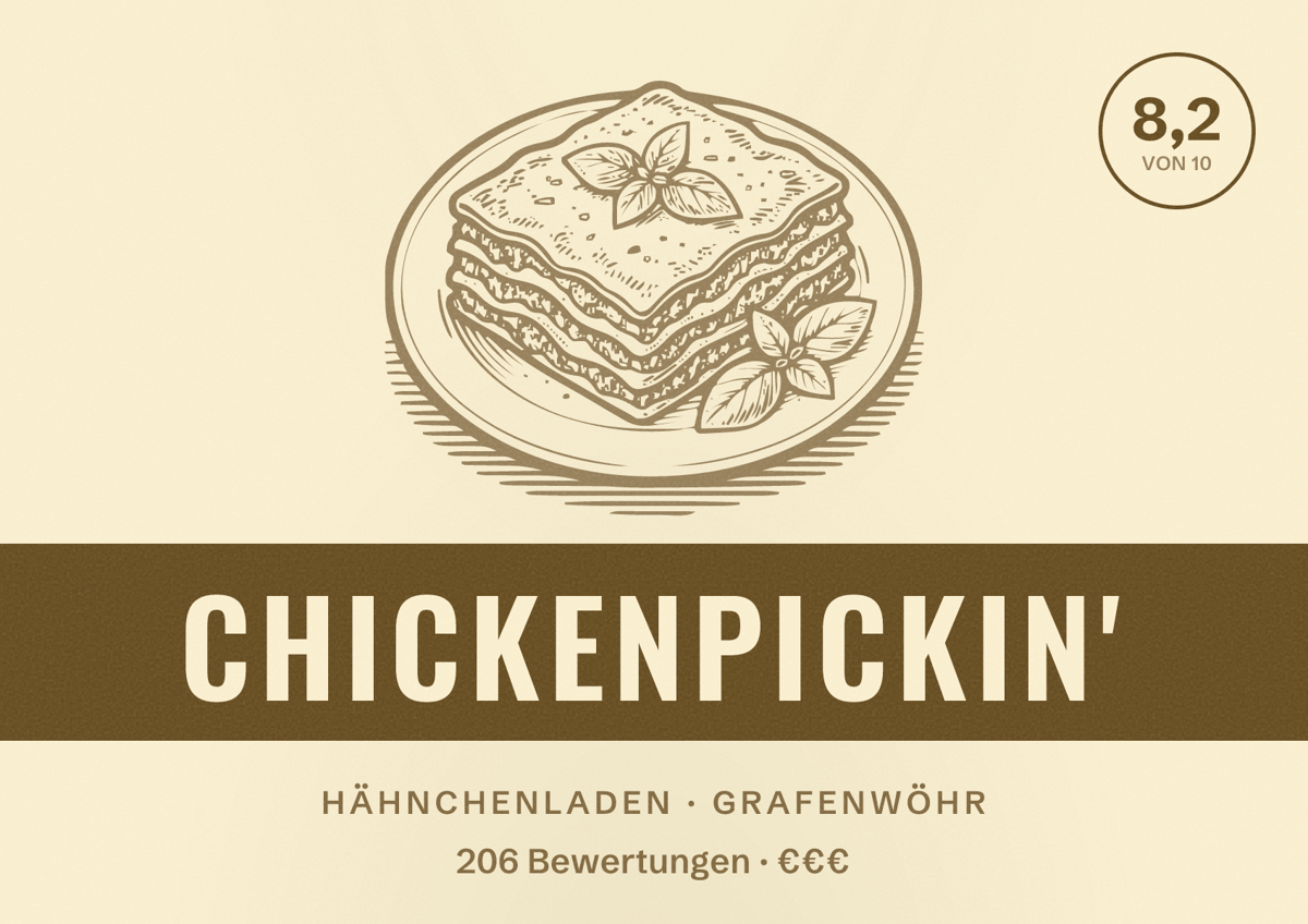 Illustriertes Poster von CHICKENPICKIN', Hähnchenladen in Grafenwöhr: Bewertung 8,2 von 10 aus 206 Bewertungen, Preisniveau €€€