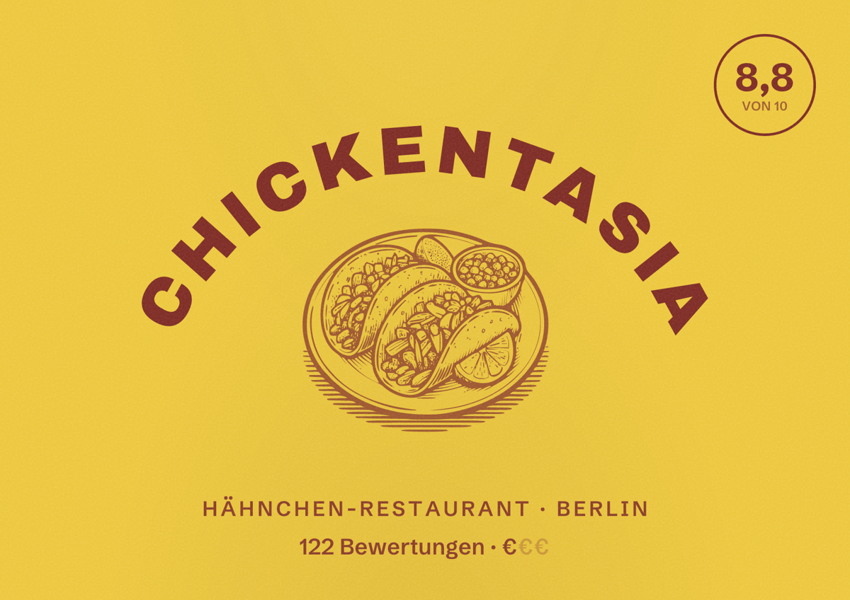 Illustriertes Poster von Chickentasia, Hähnchen-Restaurant in Berlin: Bewertung 8,8 von 10 aus 122 Bewertungen, Preisniveau €