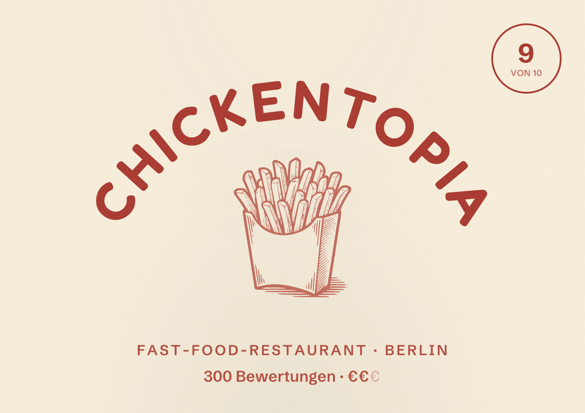 Illustriertes Poster von Chickentopia, Fast-Food-Restaurant in Berlin: Bewertung 9,0 von 10 aus 300 Bewertungen, Preisniveau €€