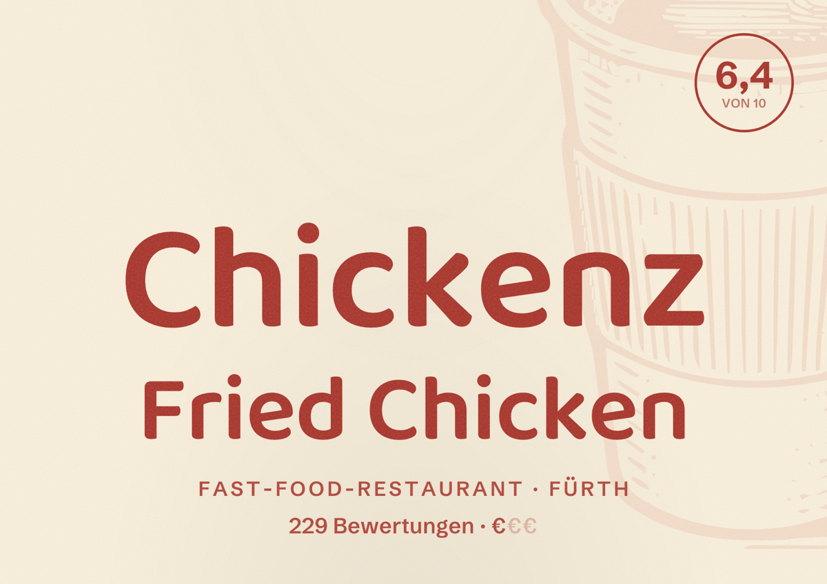 Illustriertes Poster von Chickenz Fried Chicken, Fast-Food-Restaurant in Fürth: Bewertung 6,4 von 10 aus 229 Bewertungen, Preisniveau €
