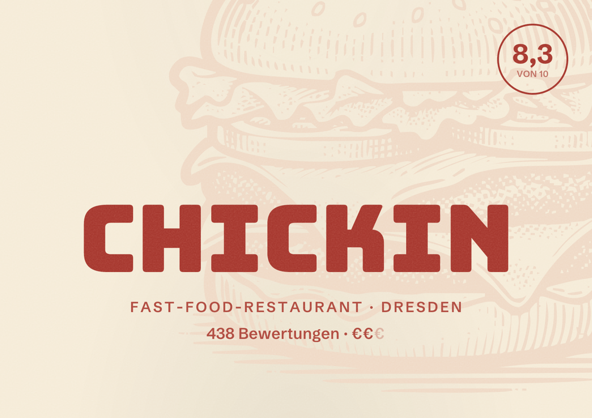 Illustriertes Poster von Chickin, Fast-Food-Restaurant in Dresden: Bewertung 8,3 von 10 aus 438 Bewertungen, Preisniveau €€
