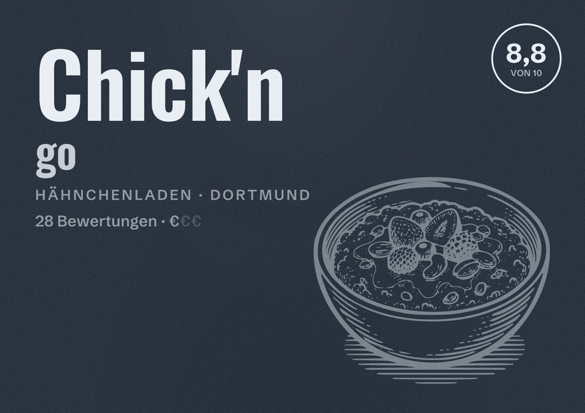 Illustriertes Poster von Chick'n go, Hähnchenladen in Dortmund: Bewertung 8,8 von 10 aus 28 Bewertungen, Preisniveau €