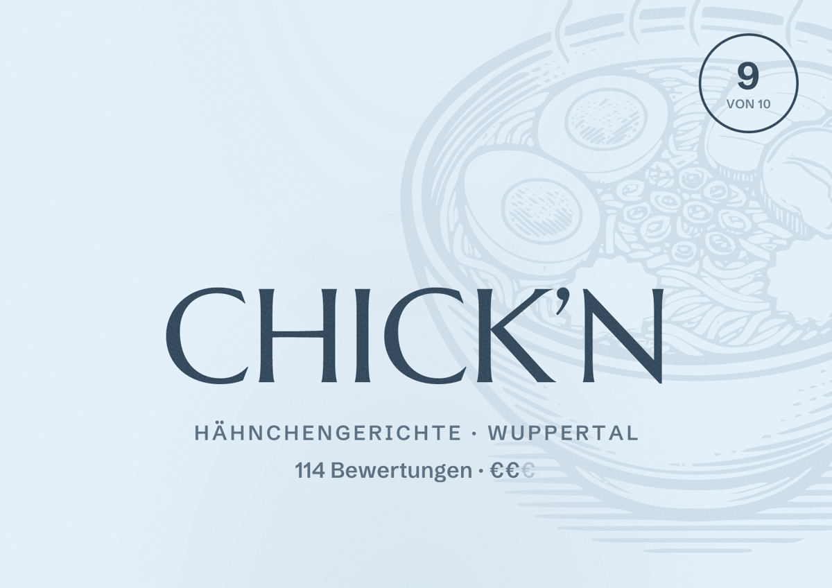 Illustriertes Poster von CHICK’N, Hähnchengerichte in Wuppertal: Bewertung 9 von 10 aus 114 Bewertungen, Preisniveau €€
