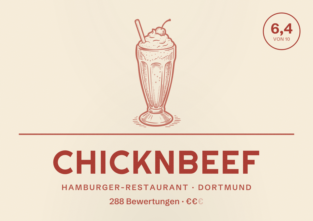 Illustriertes Poster von ChicknBeef, Hamburger-Restaurant in Dortmund: Bewertung 6,4 von 10 aus 288 Bewertungen, Preisniveau €€