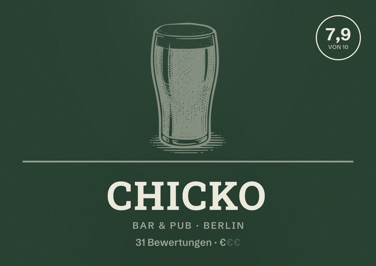 Illustriertes Poster von Chicko, Bar & Pub in Berlin: Bewertung 7,9 von 10 aus 31 Bewertungen, Preisniveau €