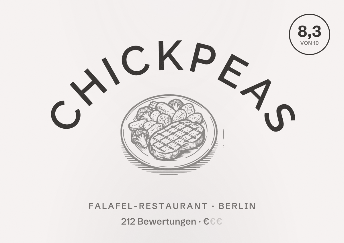 Illustriertes Poster von Chickpeas, Falafel-Restaurant in Berlin: Bewertung 8,3 von 10 aus 212 Bewertungen, Preisniveau €