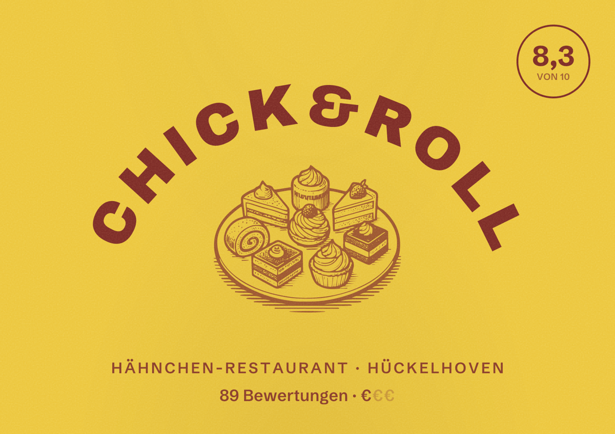 Illustriertes Poster von Chick&roll, Hähnchen-Restaurant in Hückelhoven: Bewertung 8,3 von 10 aus 89 Bewertungen, Preisniveau €