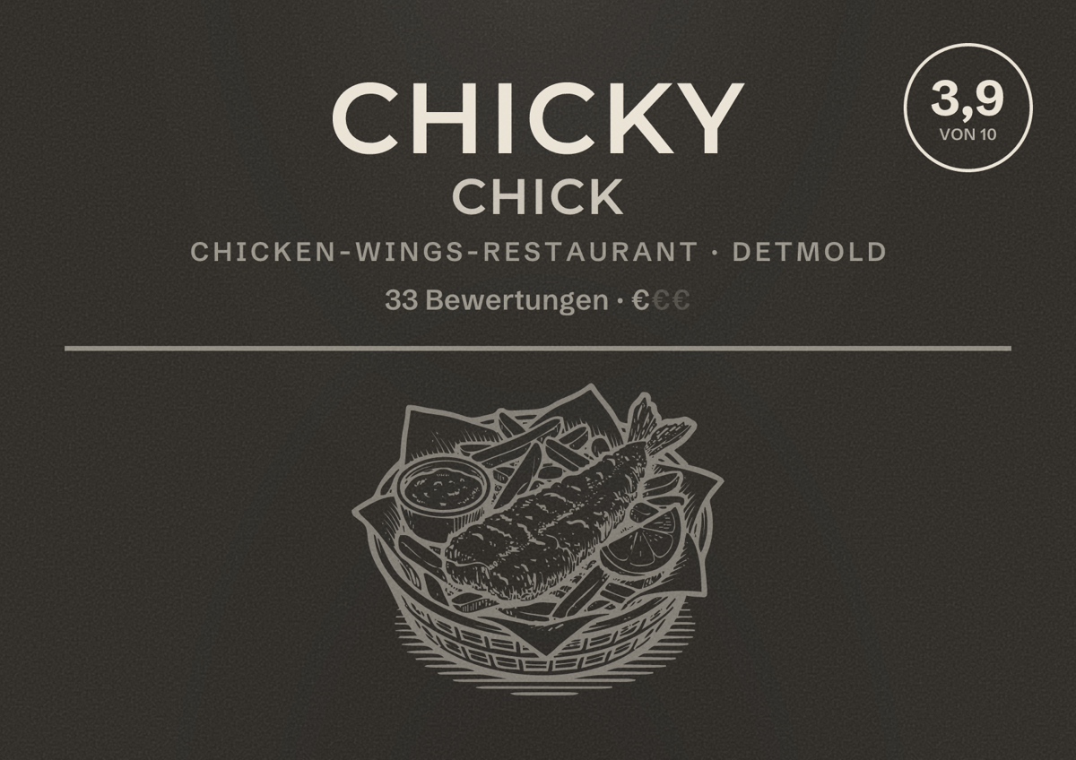 Illustriertes Poster von chicky chick, Chicken-Wings-Restaurant in Detmold: Bewertung 3,9 von 10 aus 33 Bewertungen, Preisniveau €