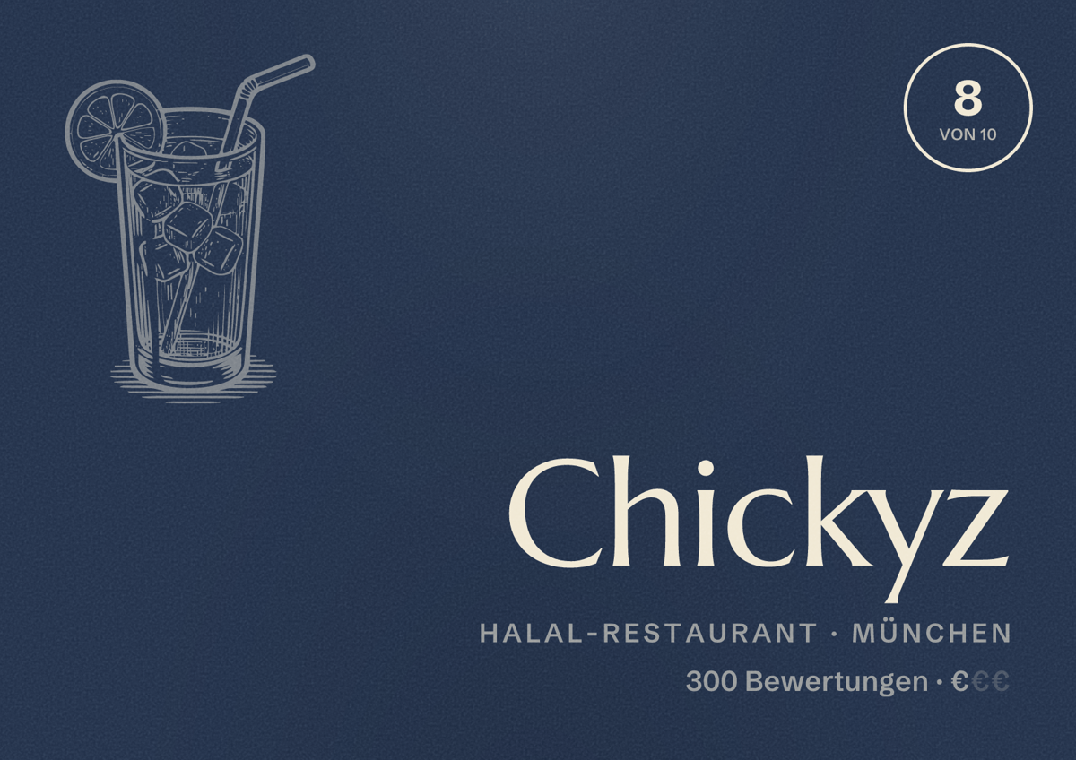 Illustriertes Poster von Chickyz, Halal-Restaurant in München: Bewertung 8,0 von 10 aus 300 Bewertungen, Preisniveau €