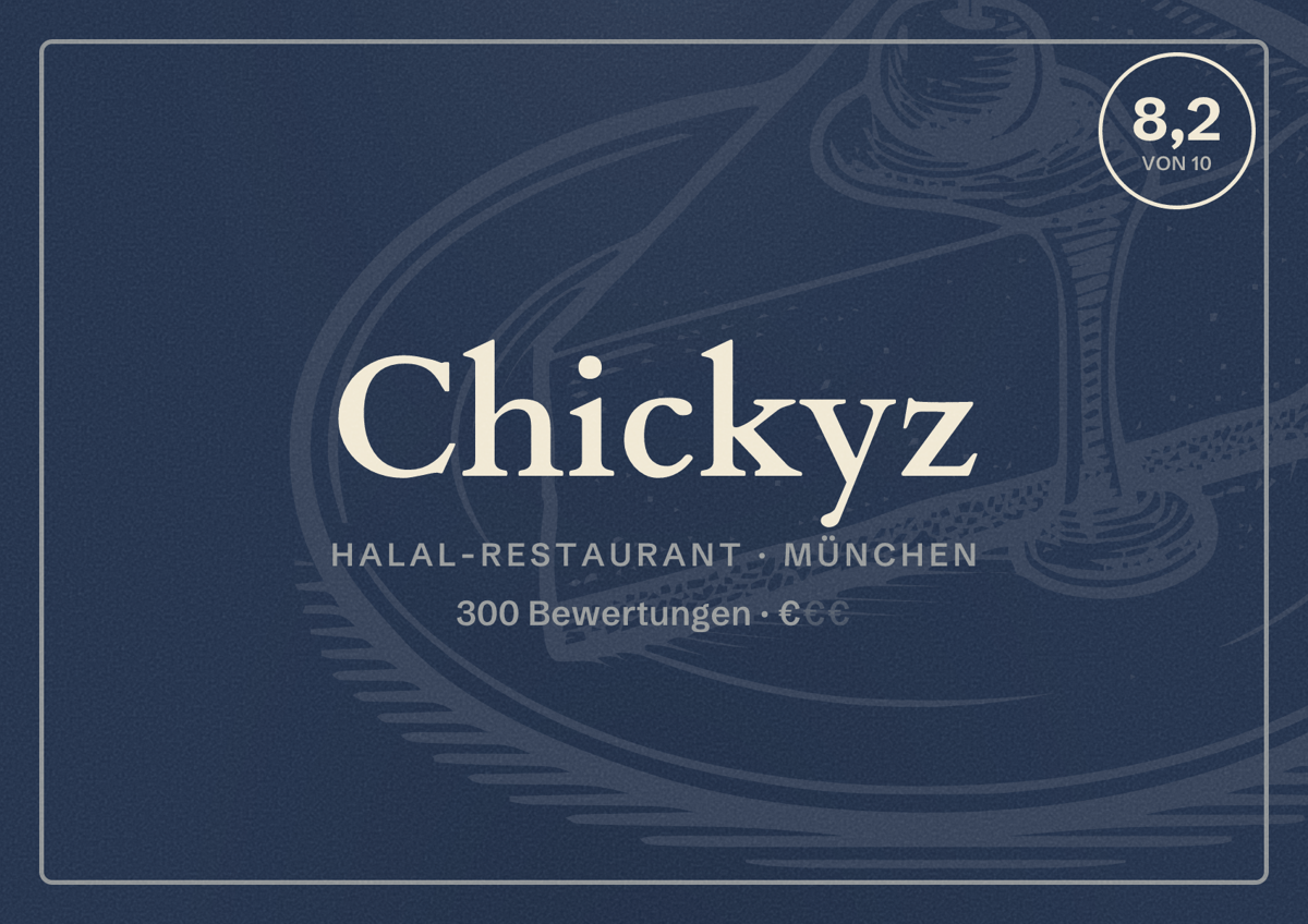 Illustriertes Poster von Chickyz, Halal-Restaurant in München: Bewertung 8,2 von 10 aus 300 Bewertungen, Preisniveau €