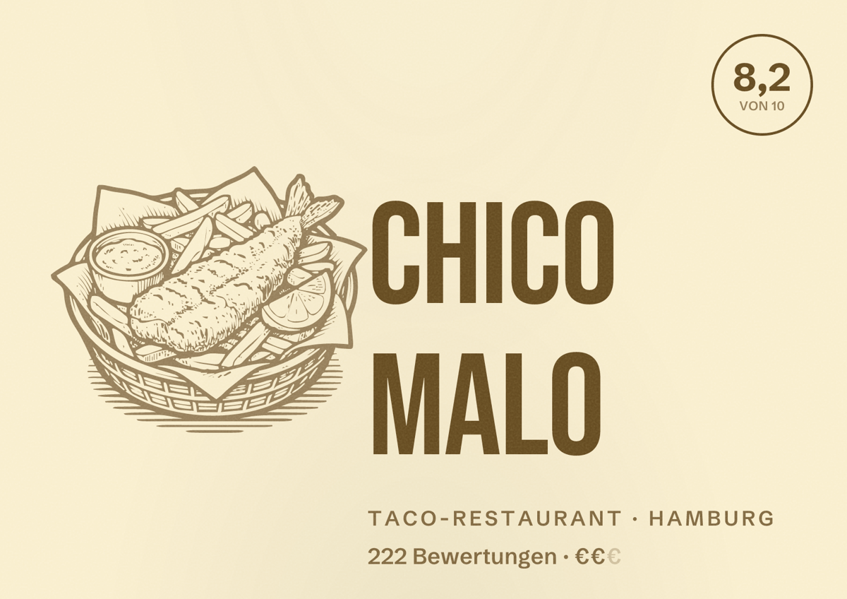 Illustriertes Poster von Chico Malo, Taco-Restaurant in Hamburg: Bewertung 8,2 von 10 aus 222 Bewertungen, Preisniveau €€
