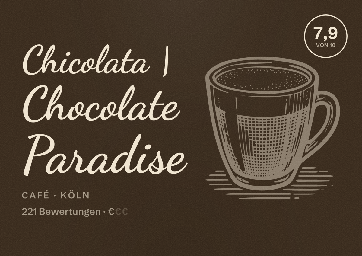 Illustriertes Poster von Chicolata | Chocolate Paradise, Café in Köln: Bewertung 7,9 von 10 aus 221 Bewertungen, Preisniveau €
