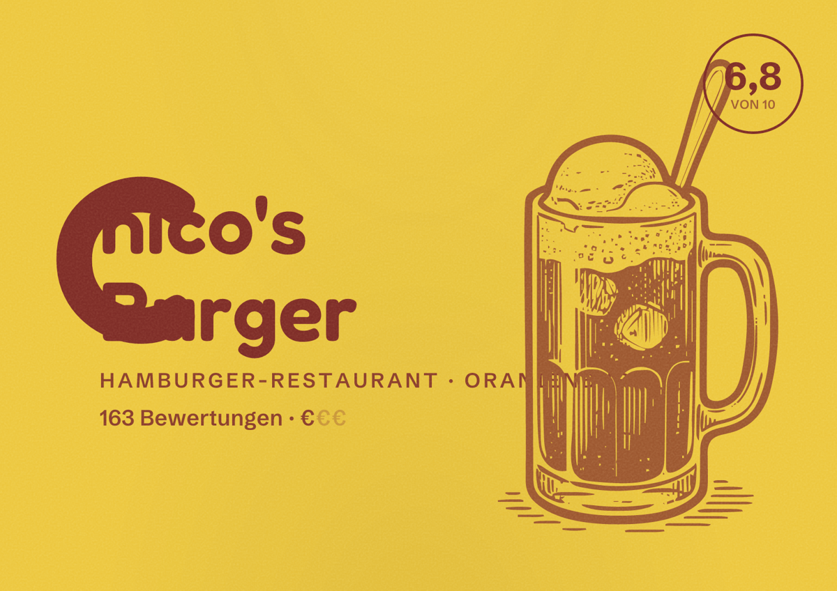 Illustriertes Poster von Chico's Burger, Hamburger-Restaurant in Oranienburg: Bewertung 6,8 von 10 aus 163 Bewertungen, Preisniveau €