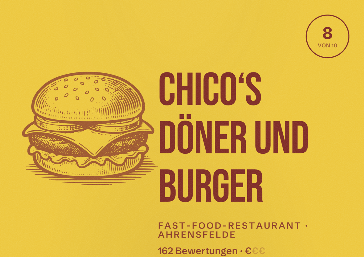 Illustriertes Poster von Chico‘s Döner und Burger, Fast-Food-Restaurant in Ahrensfelde: Bewertung 8 von 10 aus 162 Bewertungen, Preisniveau €