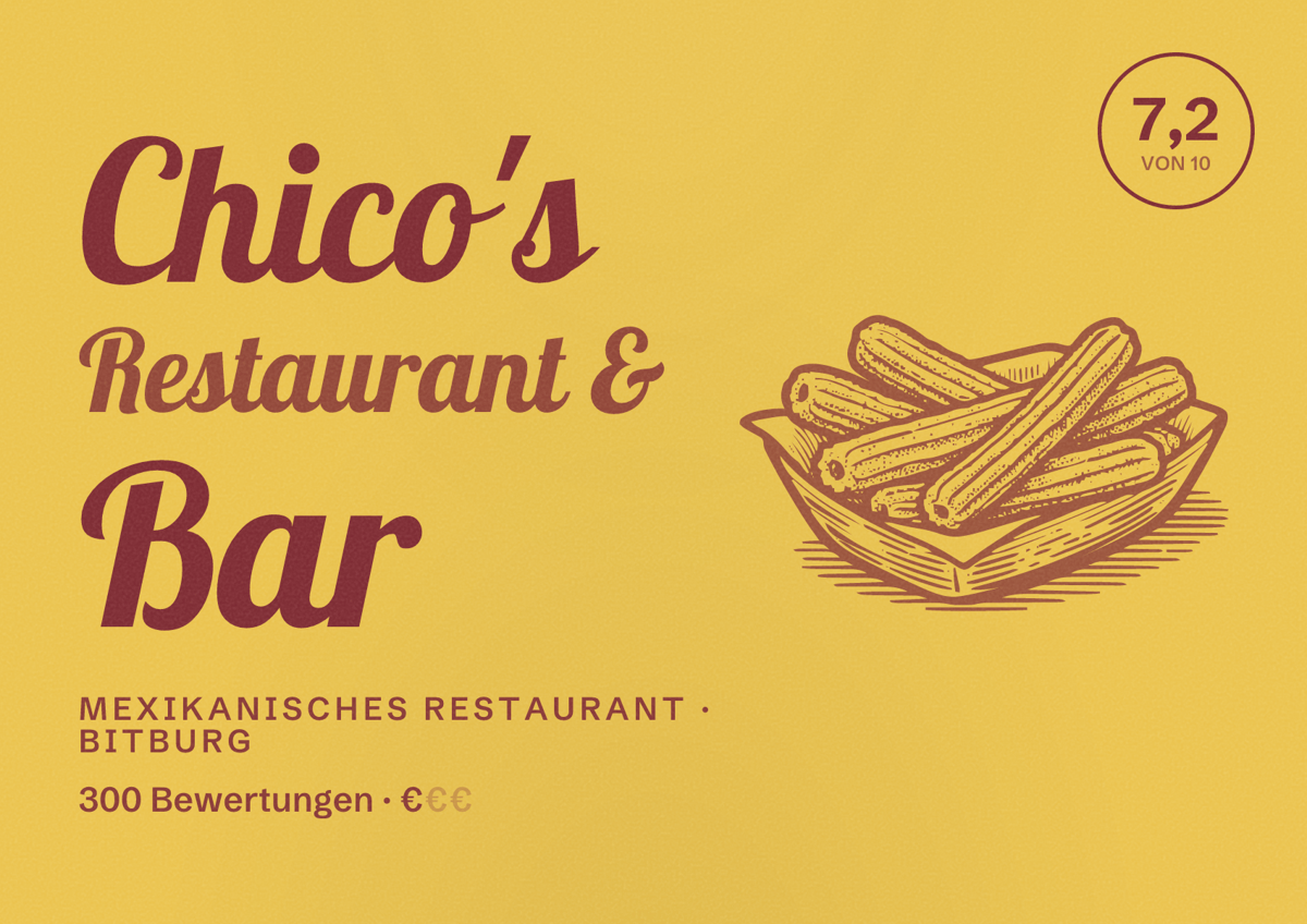 Illustriertes Poster von Chico's Restaurant & Bar, Mexikanisches Restaurant in Bitburg: Bewertung 7,2 von 10 aus 300 Bewertungen, Preisniveau €