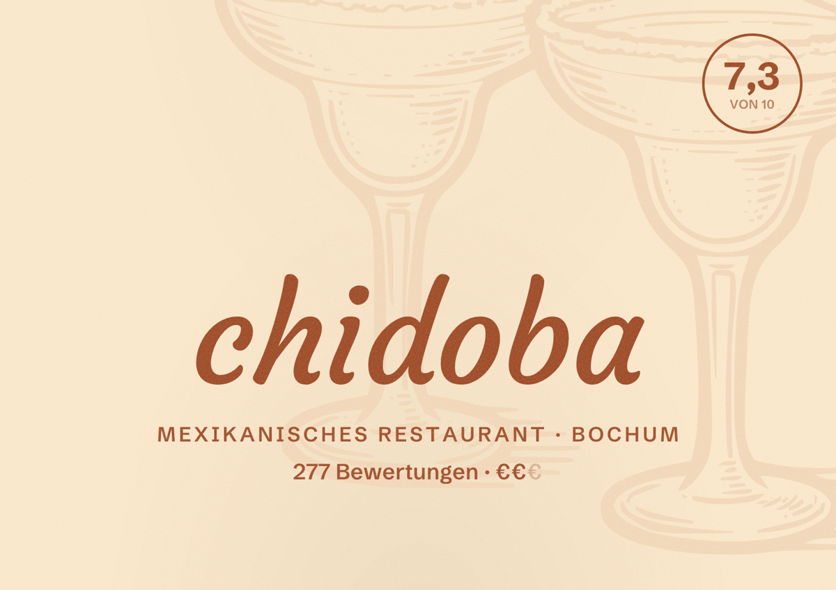 Illustriertes Poster von chidoba, Mexikanisches Restaurant in Bochum: Bewertung 7,3 von 10 aus 277 Bewertungen, Preisniveau €€