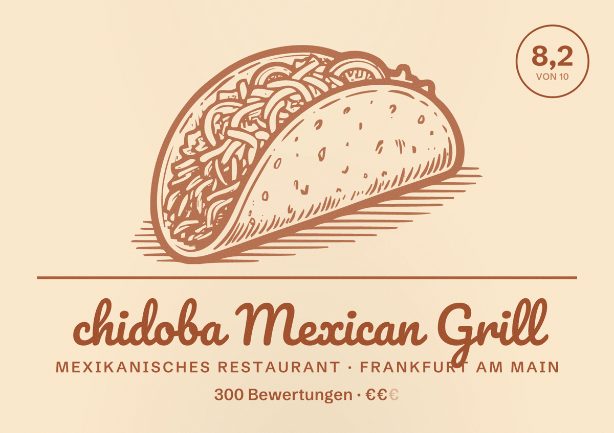 Illustriertes Poster von chidoba Mexican Grill, Mexikanisches Restaurant in Frankfurt am Main: Bewertung 8,2 von 10 aus 300 Bewertungen, Preisniveau €€