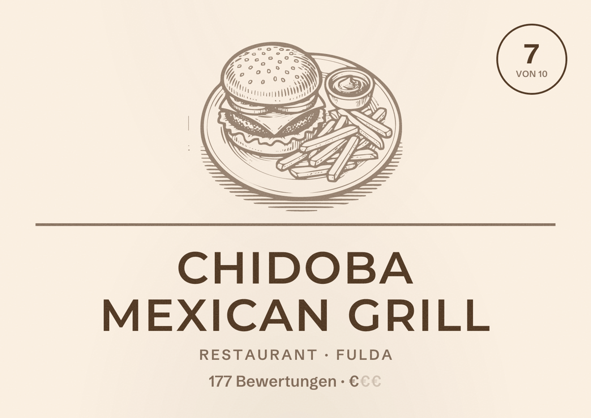 Illustriertes Poster von chidoba Mexican Grill, Restaurant in Fulda: Bewertung 7 von 10 aus 177 Bewertungen, Preisniveau €