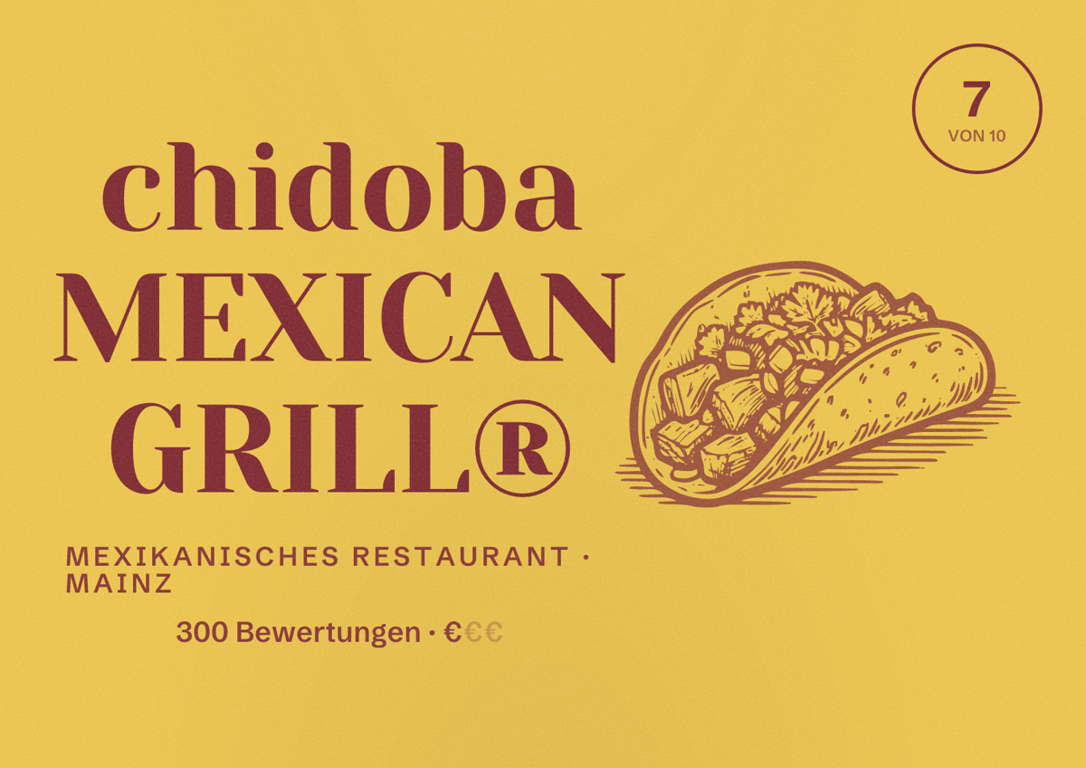 Illustriertes Poster von chidoba MEXICAN GRILL®, Mexikanisches Restaurant in Mainz: Bewertung 7,0 von 10 aus 300 Bewertungen, Preisniveau €