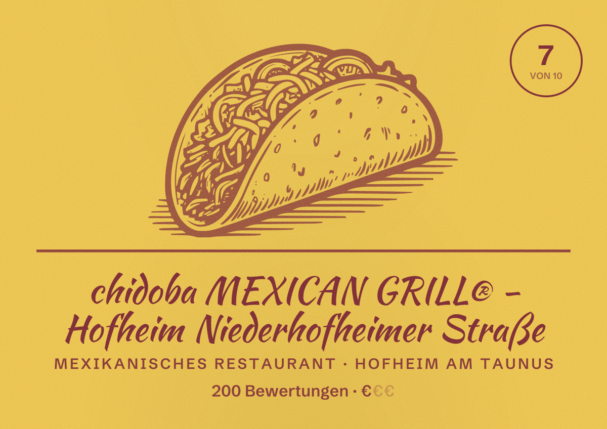 Illustriertes Poster von chidoba MEXICAN GRILL® - Hofheim Niederhofheimer Straße, Mexikanisches Restaurant in Hofheim am Taunus: Bewertung 7 von 10 aus 200 Bewertungen, Preisniveau €