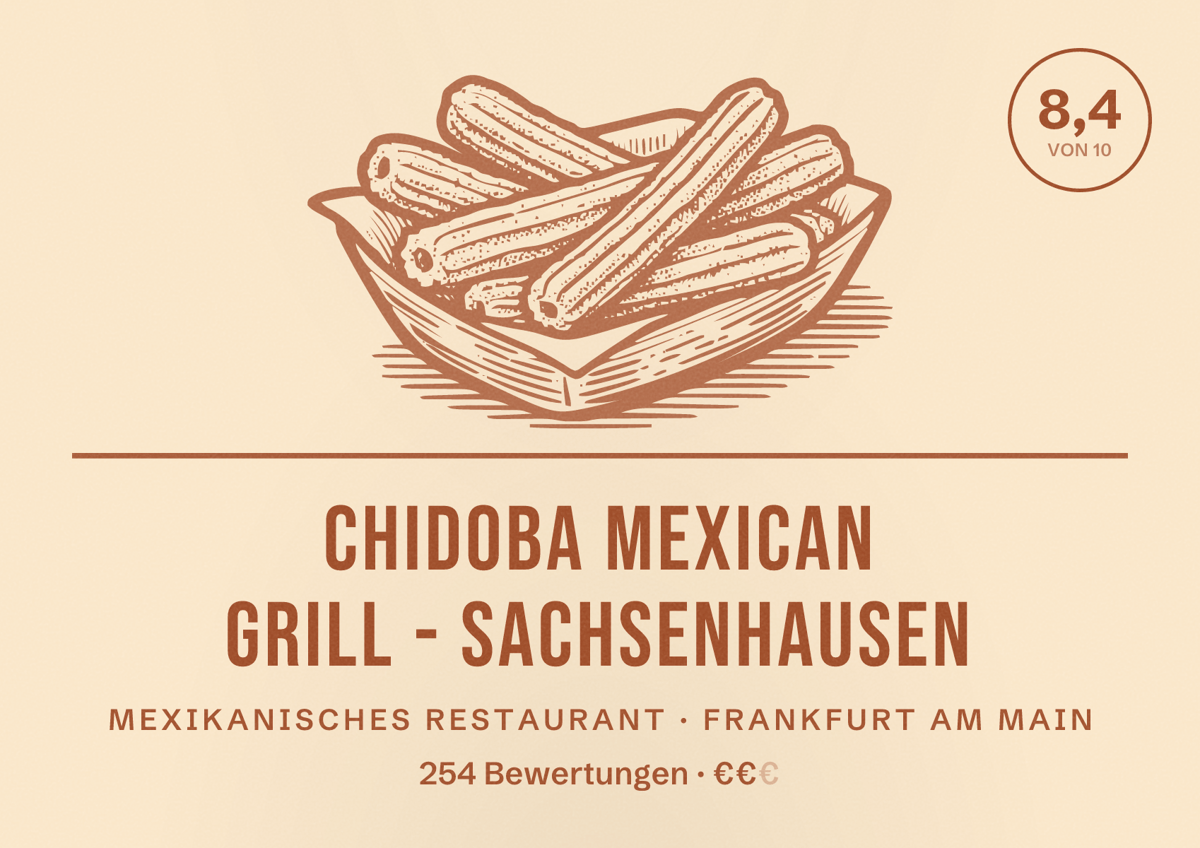 Illustriertes Poster von chidoba MEXICAN GRILL - Sachsenhausen, Mexikanisches Restaurant in Frankfurt am Main: Bewertung 8,4 von 10 aus 254 Bewertungen, Preisniveau €€