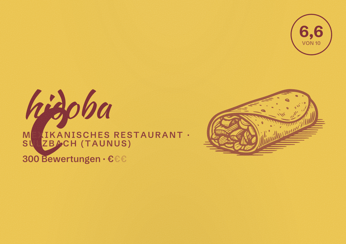 Illustriertes Poster von chidoba, Mexikanisches Restaurant in Sulzbach (Taunus): Bewertung 6,6 von 10 aus 300 Bewertungen, Preisniveau €