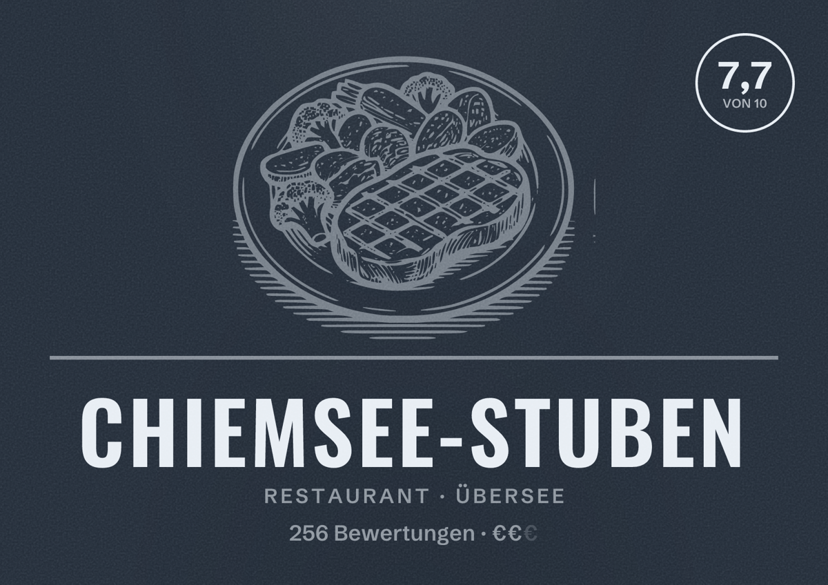 Illustriertes Poster von Chiemsee-Stuben, Restaurant in Übersee: Bewertung 7,7 von 10 aus 256 Bewertungen, Preisniveau €€