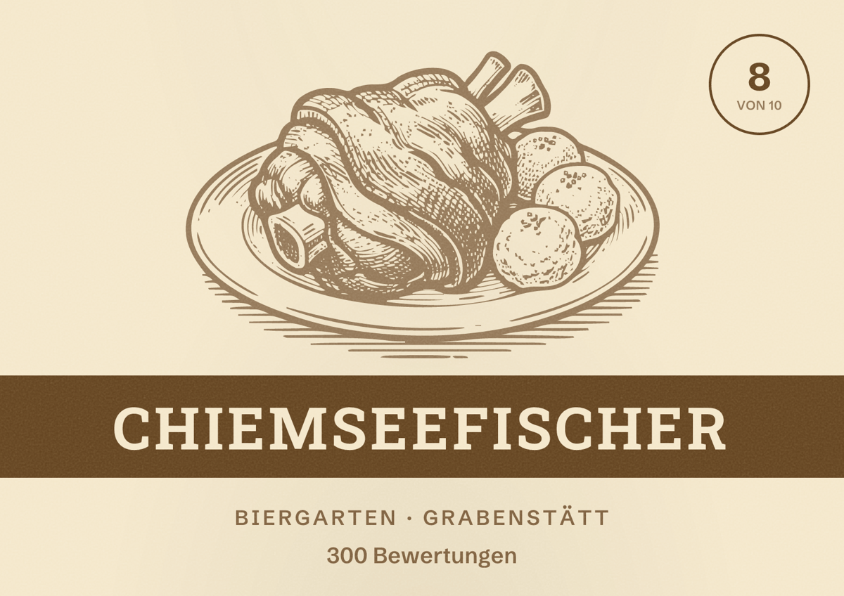 Illustriertes Poster von Chiemseefischer, Biergarten in Grabenstätt: Bewertung 8 von 10 aus 300 Bewertungen