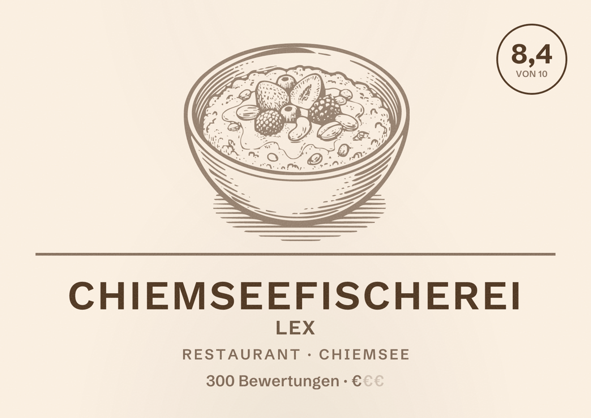 Illustriertes Poster von Chiemseefischerei Lex, Restaurant in Chiemsee: Bewertung 8,4 von 10 aus 300 Bewertungen, Preisniveau €