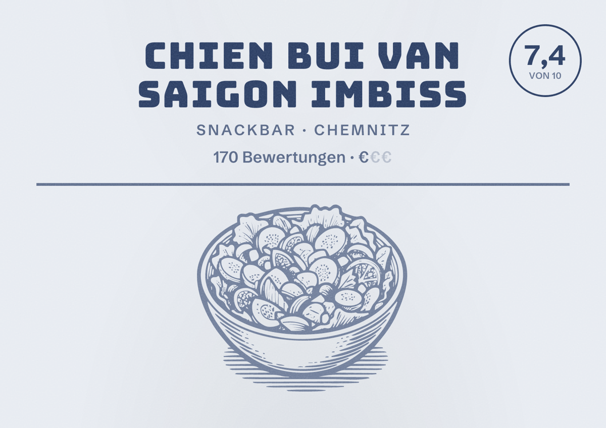 Illustriertes Poster von Chien Bui Van Saigon Imbiss, Snackbar in Chemnitz: Bewertung 7,4 von 10 aus 170 Bewertungen, Preisniveau €
