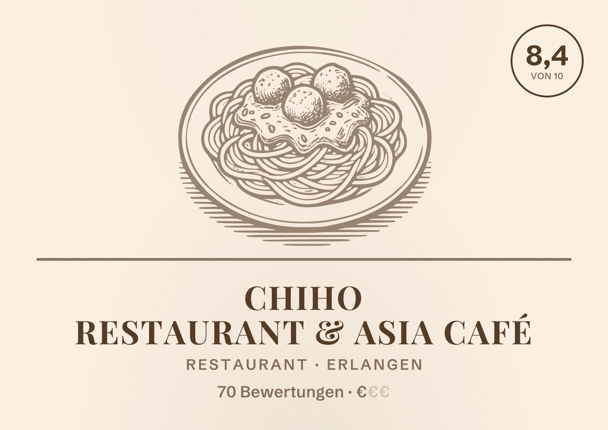 Illustriertes Poster von ChiHo Restaurant & Asia Café, Restaurant in Erlangen: Bewertung 8,4 von 10 aus 70 Bewertungen, Preisniveau €
