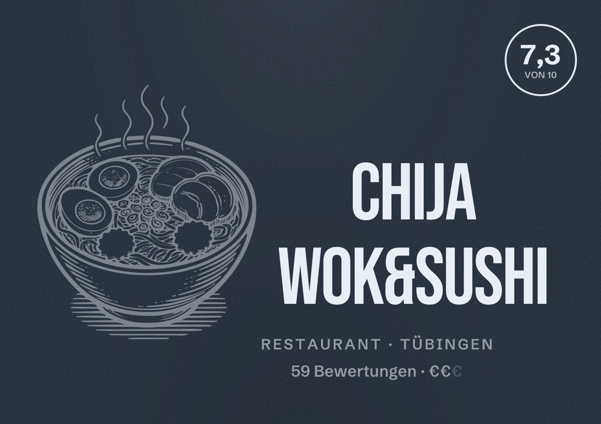 Illustriertes Poster von ChiJa Wok&Sushi, Restaurant in Tübingen: Bewertung 7,3 von 10 aus 59 Bewertungen, Preisniveau €€