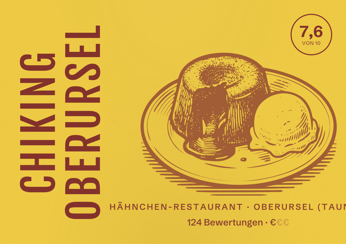 Illustriertes Poster von chiking oberursel, Hähnchen-Restaurant in Oberursel (Taunus): Bewertung 7,6 von 10 aus 124 Bewertungen, Preisniveau €