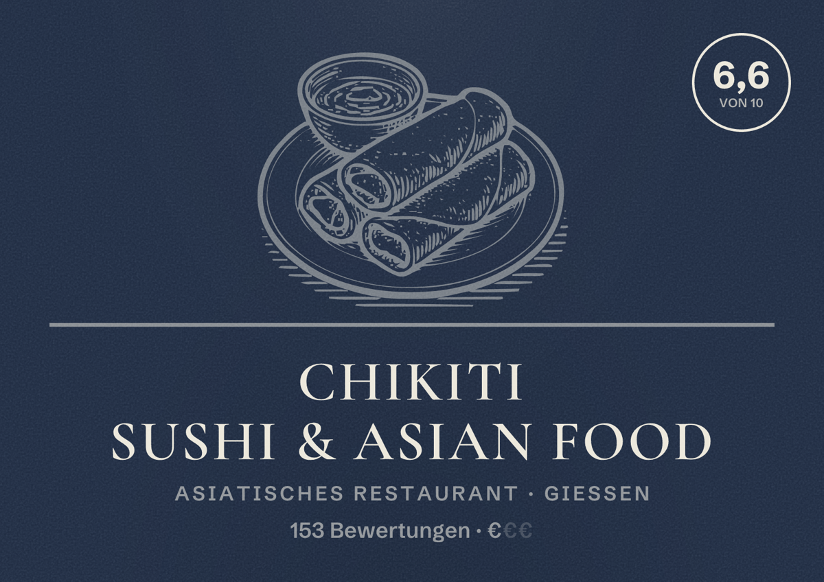 Illustriertes Poster von Chikiti Sushi & Asian Food, Asiatisches Restaurant in Gießen: Bewertung 6,6 von 10 aus 153 Bewertungen, Preisniveau €