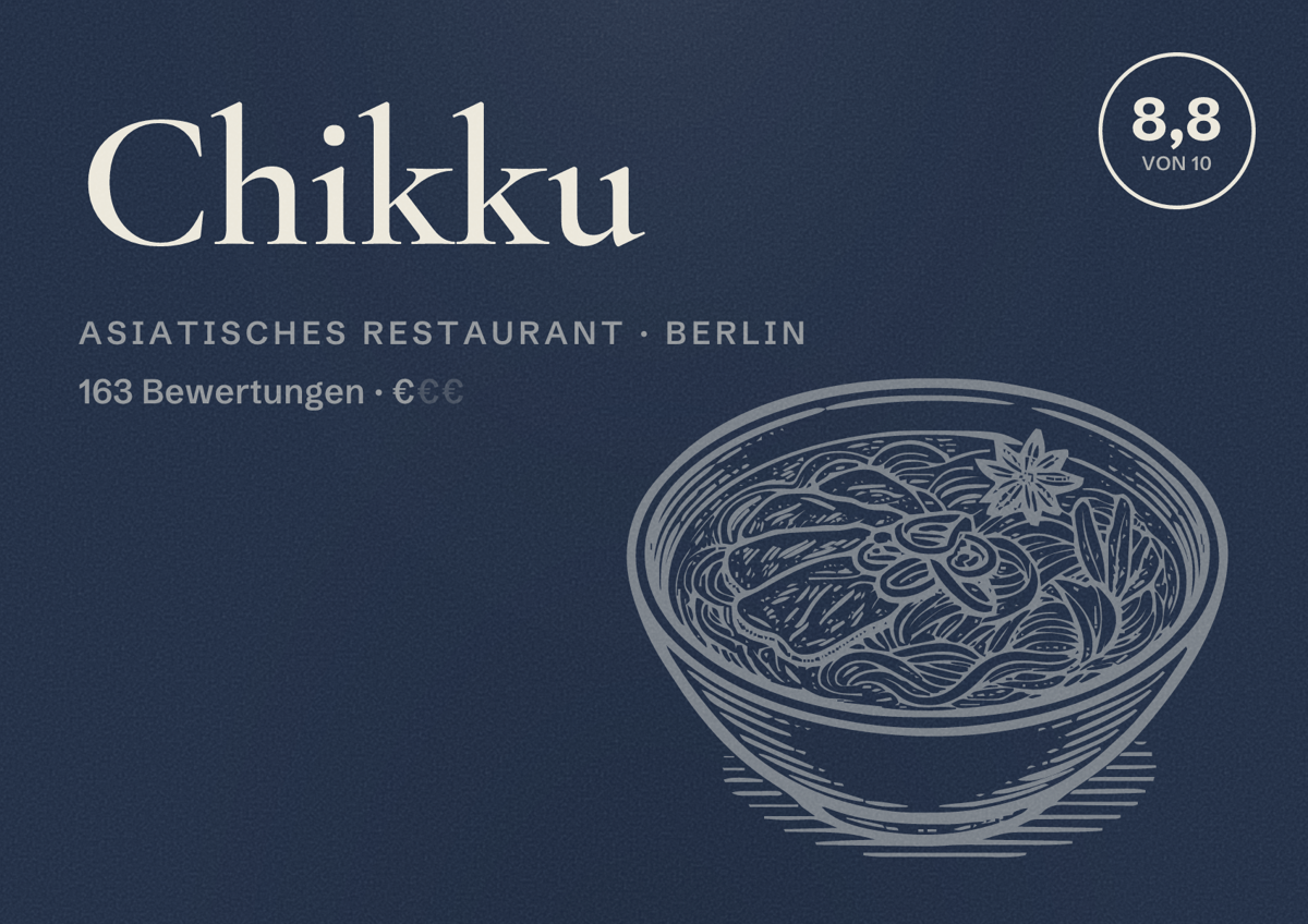 Illustriertes Poster von Chikku, Asiatisches Restaurant in Berlin: Bewertung 8,8 von 10 aus 163 Bewertungen, Preisniveau €