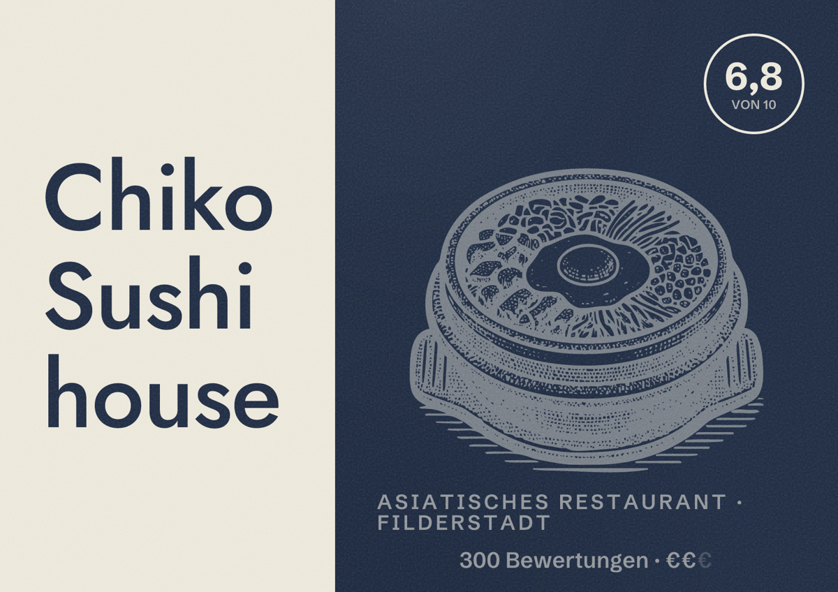 Illustriertes Poster von Chiko Sushi house, Asiatisches Restaurant in Filderstadt: Bewertung 6,8 von 10 aus 300 Bewertungen, Preisniveau €€