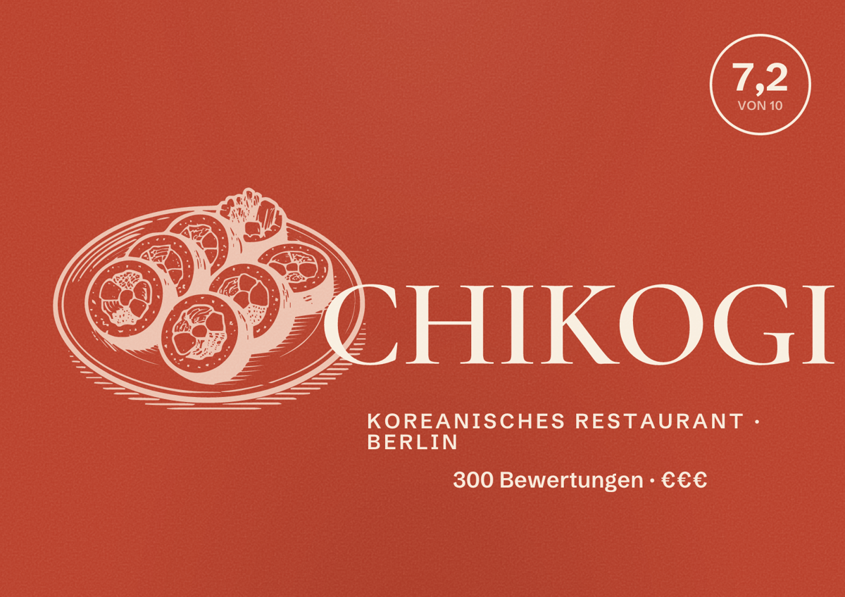 Illustriertes Poster von CHIKOGI, Koreanisches Restaurant in Berlin: Bewertung 7,2 von 10 aus 300 Bewertungen, Preisniveau €€€