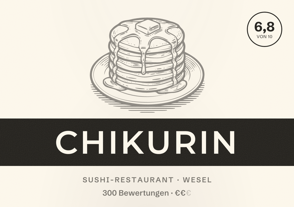 Illustriertes Poster von Chikurin, Sushi-Restaurant in Wesel: Bewertung 6,8 von 10 aus 300 Bewertungen, Preisniveau €€