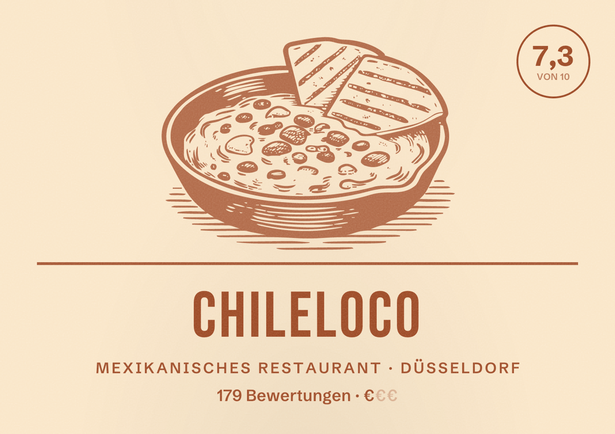 Illustriertes Poster von ChileLoco, Mexikanisches Restaurant in Düsseldorf: Bewertung 7,3 von 10 aus 179 Bewertungen, Preisniveau €