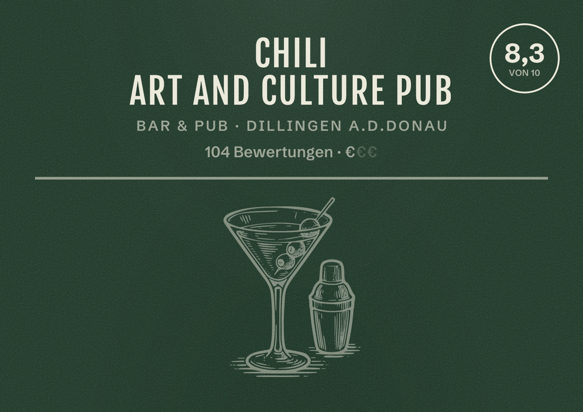 Illustriertes Poster von Chili Art and Culture Pub, Bar & Pub in Dillingen a.d.Donau: Bewertung 8,3 von 10 aus 104 Bewertungen, Preisniveau €