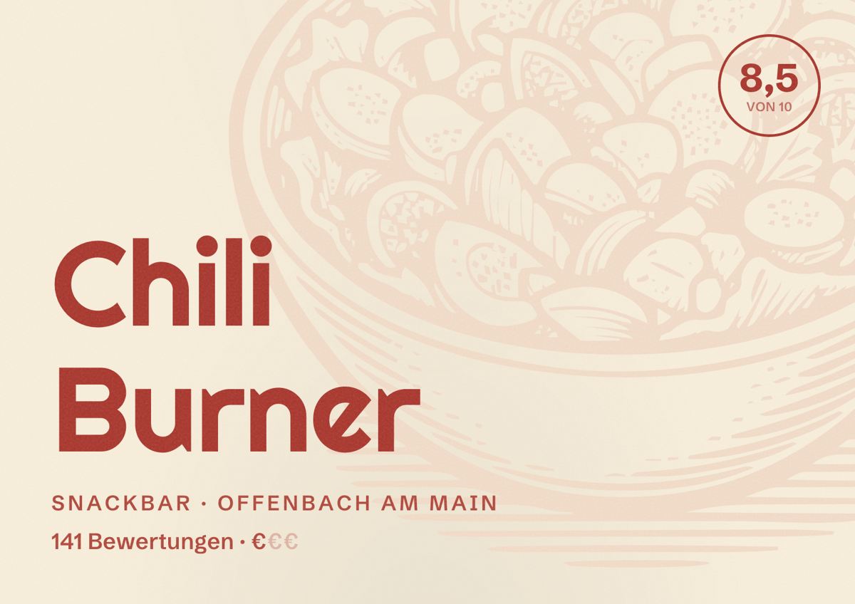 Illustriertes Poster von Chili Burner, Snackbar in Offenbach am Main: Bewertung 8,5 von 10 aus 141 Bewertungen, Preisniveau €