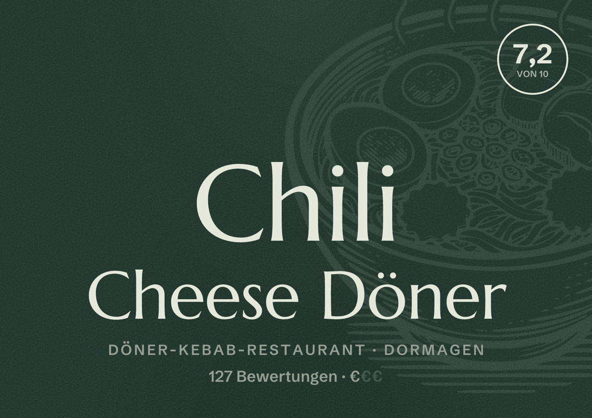 Illustriertes Poster von Chili Cheese Döner, Döner-Kebab-Restaurant in Dormagen: Bewertung 7,2 von 10 aus 127 Bewertungen, Preisniveau €
