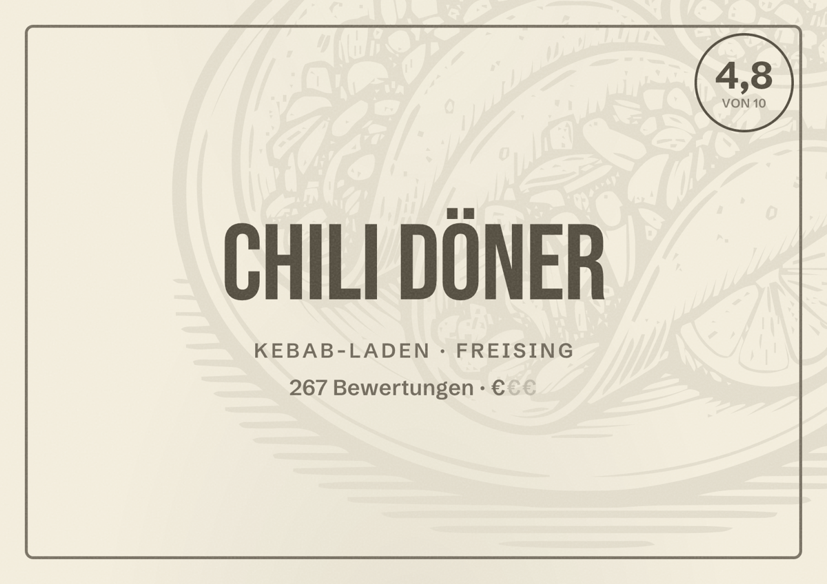 Illustriertes Poster von Chili Döner, Kebab-Laden in Freising: Bewertung 4,8 von 10 aus 267 Bewertungen, Preisniveau €