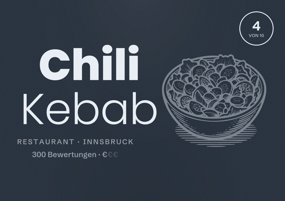 Illustriertes Poster von Chili Kebab, Restaurant in Innsbruck: Bewertung 4 von 10 aus 300 Bewertungen, Preisniveau €