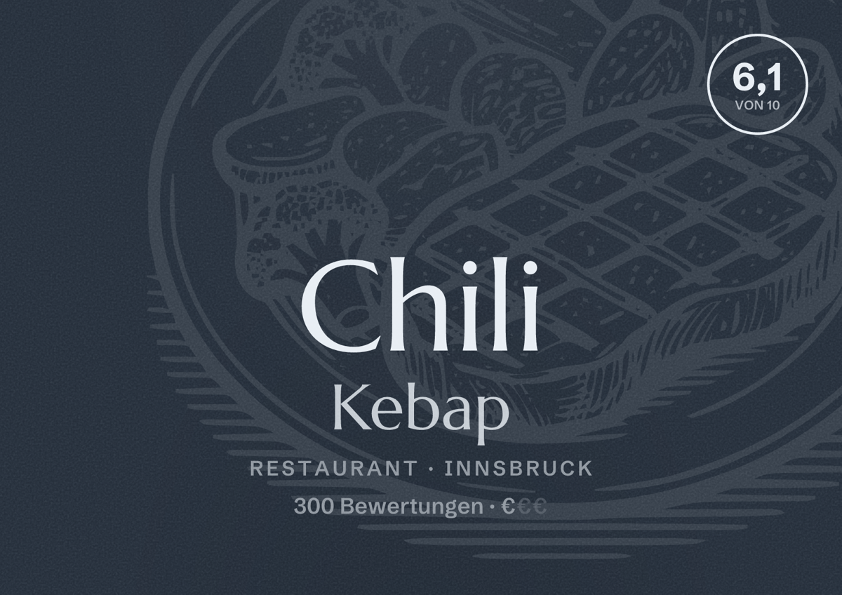 Illustriertes Poster von Chili Kebap, Restaurant in Innsbruck: Bewertung 6,1 von 10 aus 300 Bewertungen, Preisniveau €