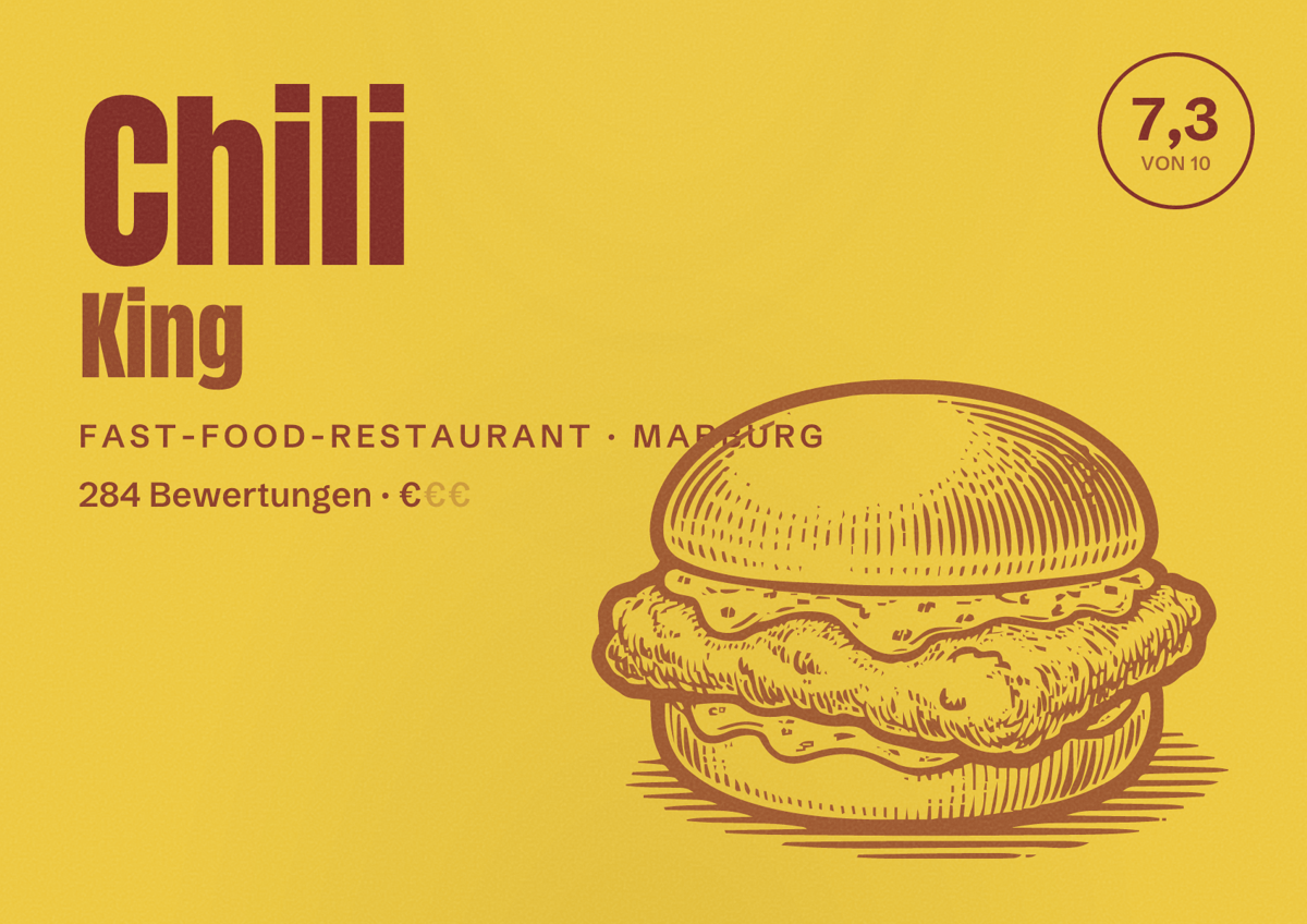 Illustriertes Poster von Chili King, Fast-Food-Restaurant in Marburg: Bewertung 7,3 von 10 aus 284 Bewertungen, Preisniveau €