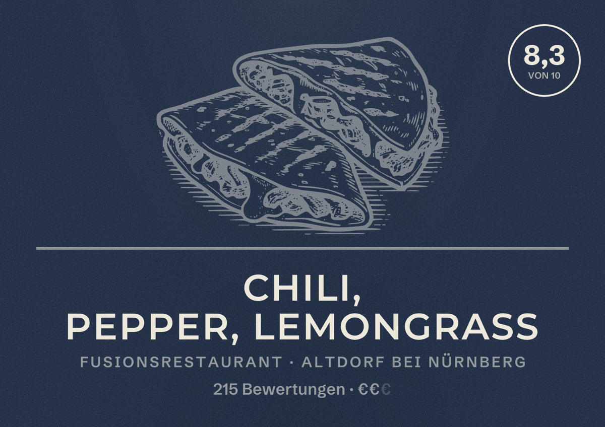 Illustriertes Poster von Chili, Pepper, Lemongrass, Fusionsrestaurant in Altdorf bei Nürnberg: Bewertung 8,3 von 10 aus 215 Bewertungen, Preisniveau €€